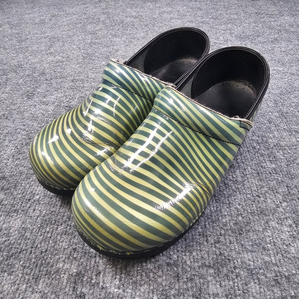 Dansko Professional Clogs Womens 40 Green Yellow Striped Patent Leather Shoes